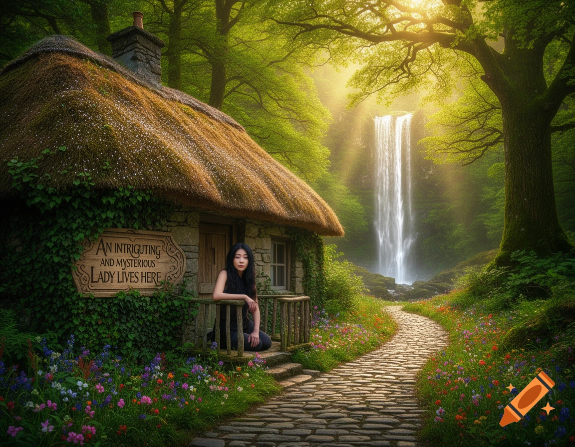 A long-haired Asian woman sits outside a mossy, thatched cottage with a sign. A winding path leads to a sunlit waterfall in a lush forest.