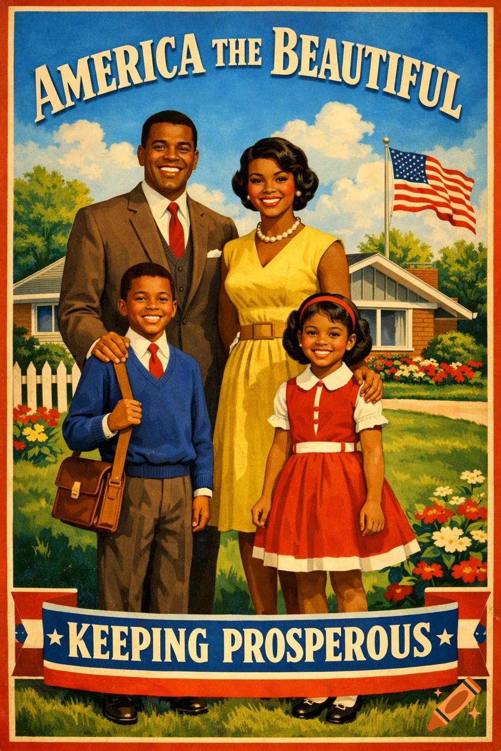 A vintage-style propaganda poster features a smiling African American family, a suburban house, and an American flag under the text "AMERICA THE BEAUTIFUL" and "KEEPING PROSPEROUS".