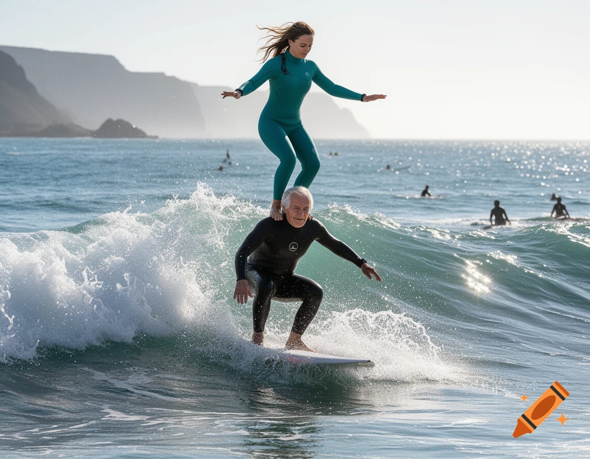 A woman stands on an old man's shoulders as they surf a wave together in the ocean, with cliffs in the background. Photorealistic style.