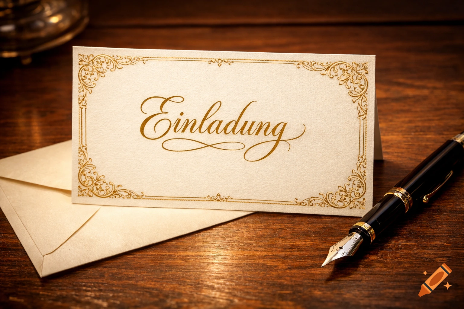 A classic cream-colored invitation card with ornate gold borders and the word "Einladung" in script, resting on an envelope next to a black and gold fountain pen on a wooden table.