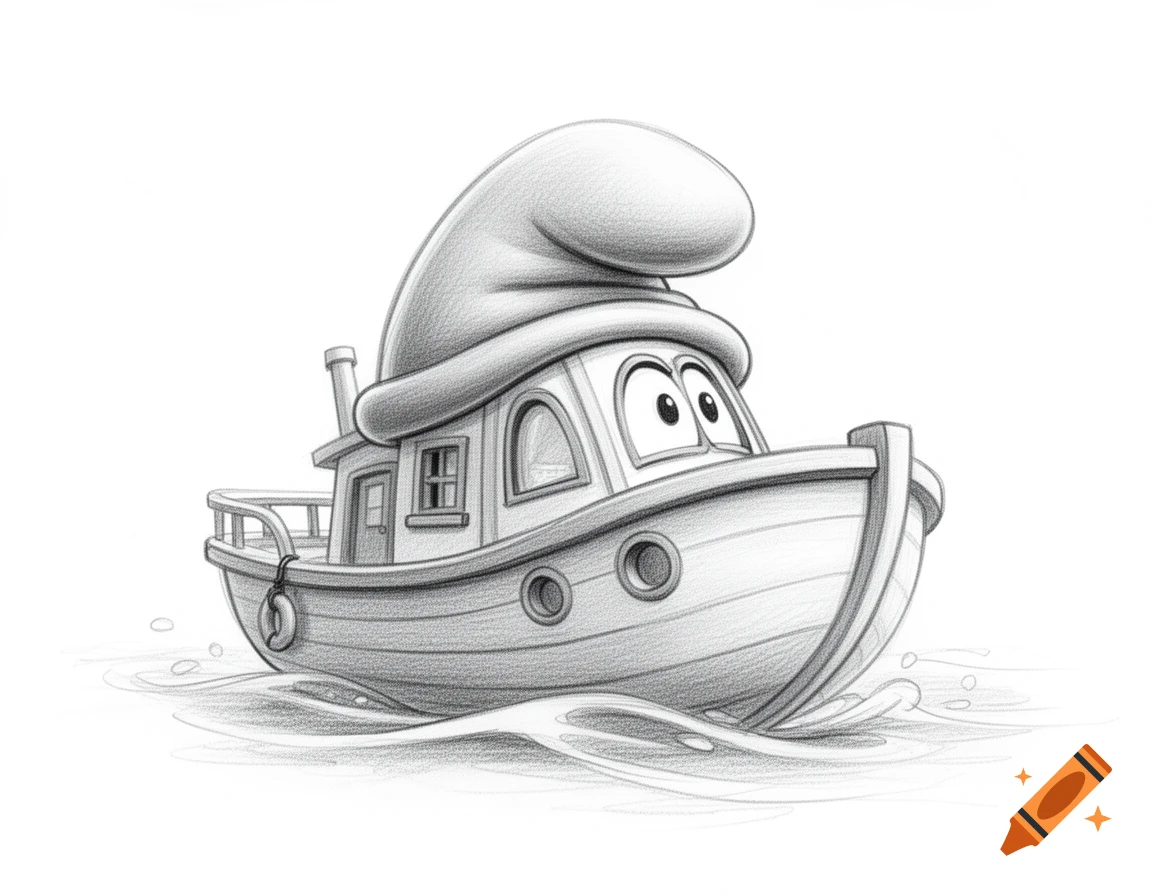 A whimsical, friendly-faced cartoon boat with a smurf-hat-shaped roof in a pencil sketch style, floating on water.