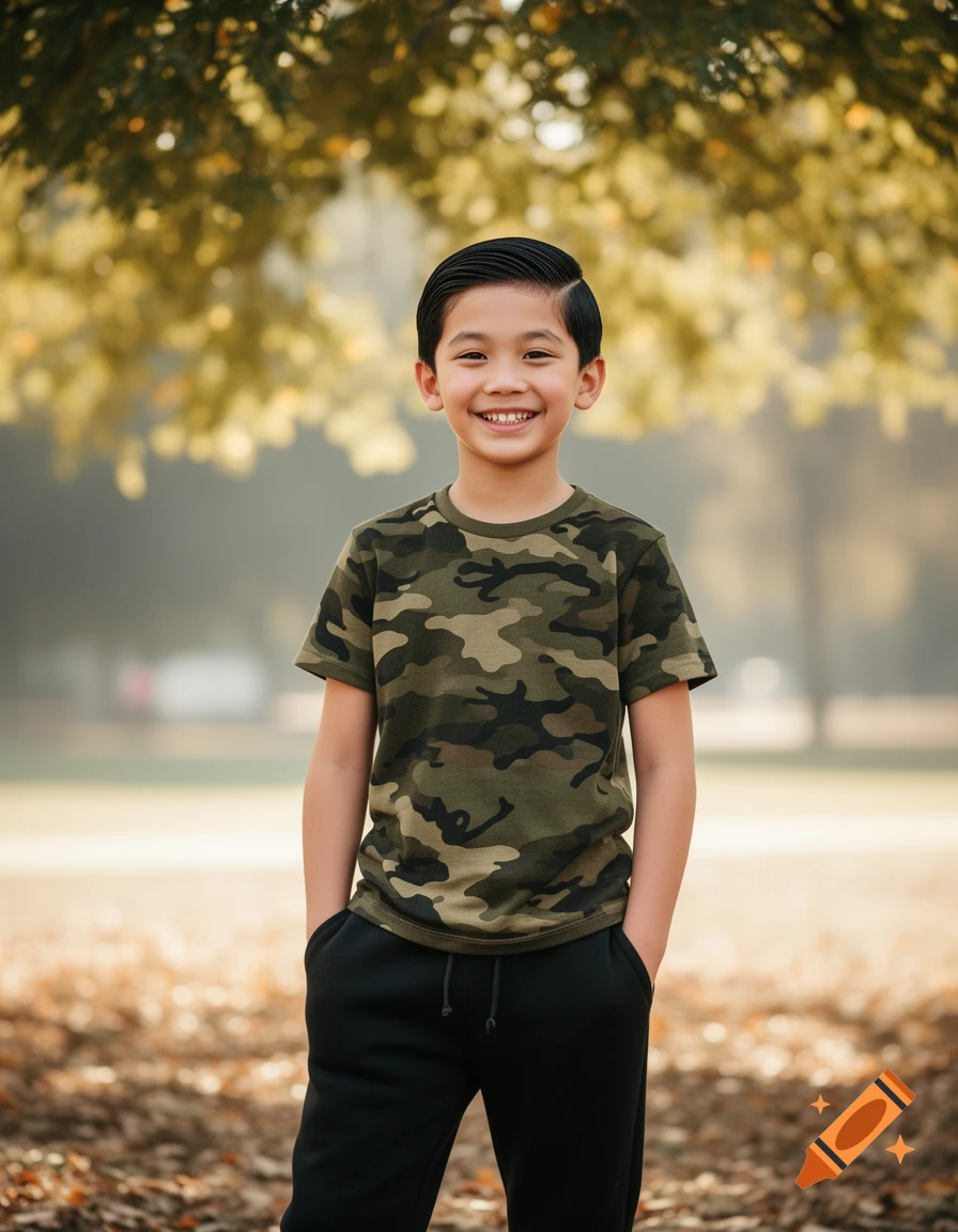Smiling young boy in a camouflage shirt and black sweatpants stands outdoors in an autumn setting with golden trees.