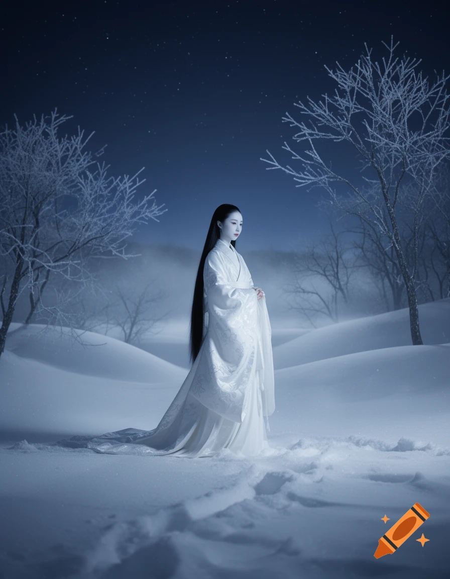A woman in a white traditional dress stands in a moonlit, snowy landscape with frosted trees.