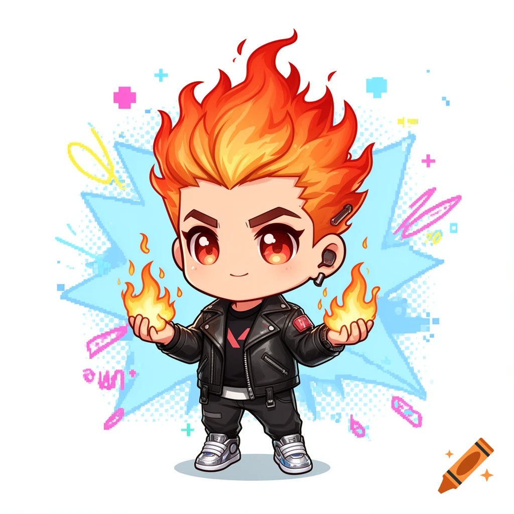 A chibi character resembling Valorant's Phoenix, with fiery orange hair and hands, wearing a black leather jacket, in a digital art style.