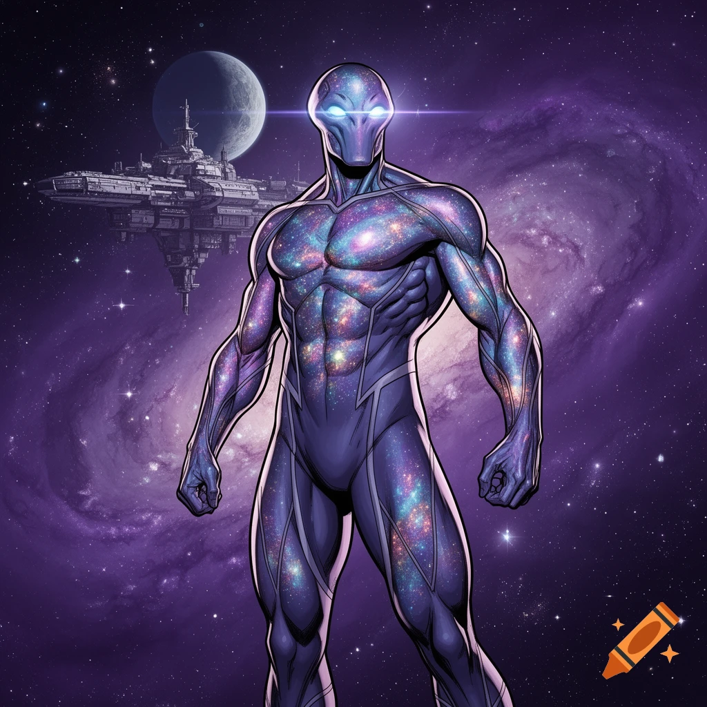 Muscular alien with glowing eyes and a cosmic body suit stands in space with a spaceship and moon in the background, comic book style.