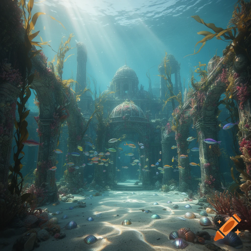 Sunlight streams into an underwater scene of ancient city ruins with ...