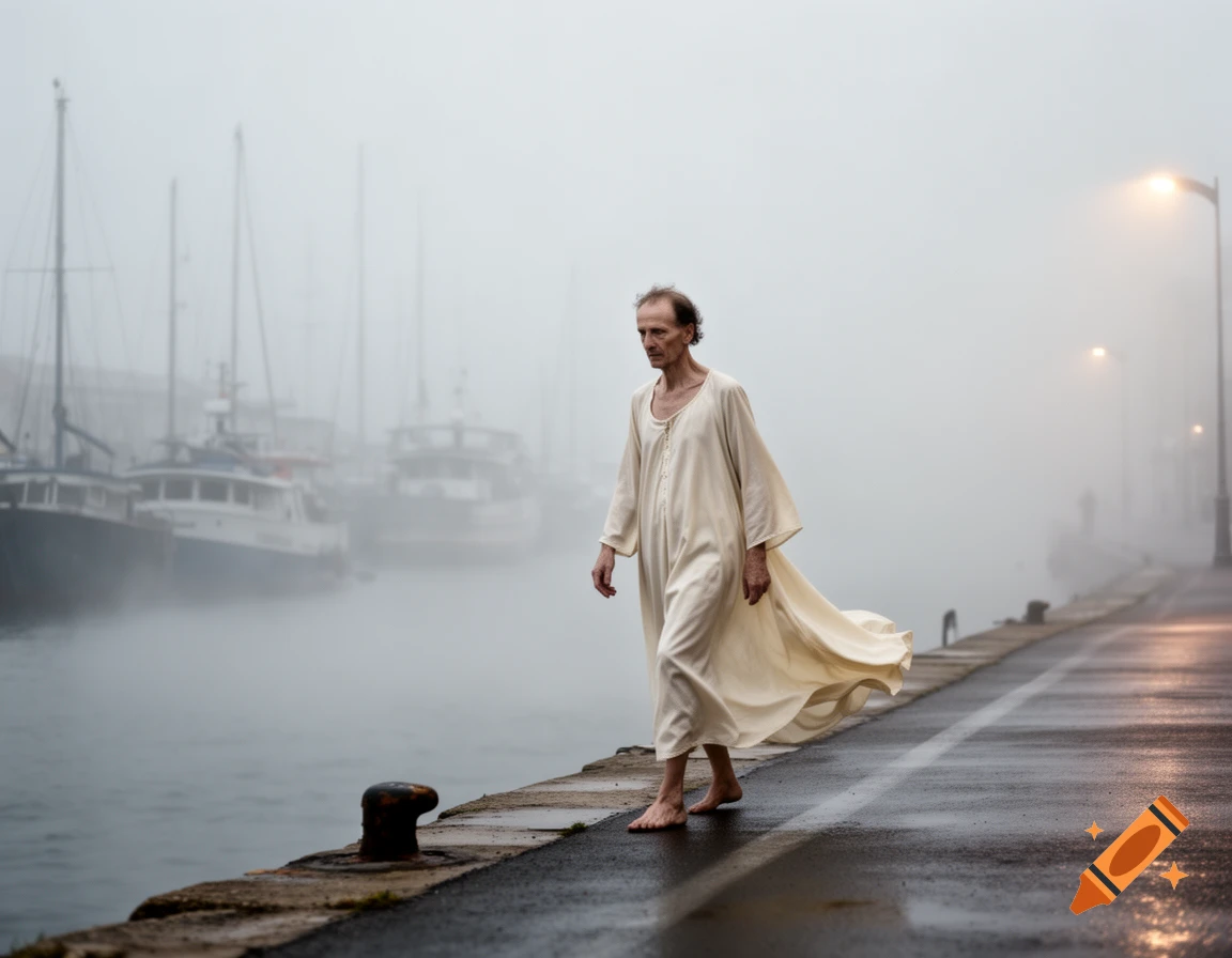 A thin man in a flowing cream robe walks barefoot on a wet, misty dock, with boats blurred in fog and a distant street light.