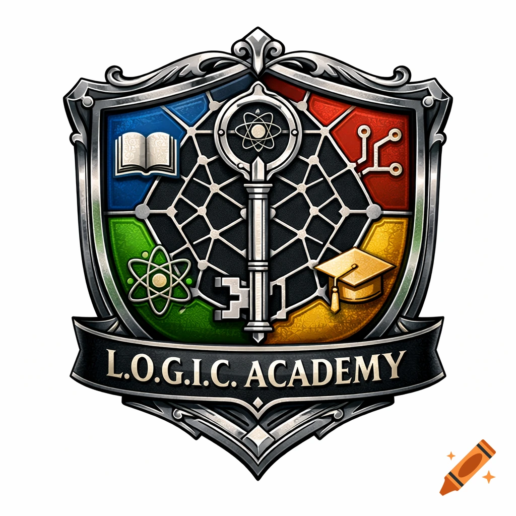 A detailed, ornate silver shield logo with a central key, surrounded by four colorful quadrants depicting an open book, circuit board, atom, and graduation cap. A banner below reads "L.O.G.I.C. ACADEMY".