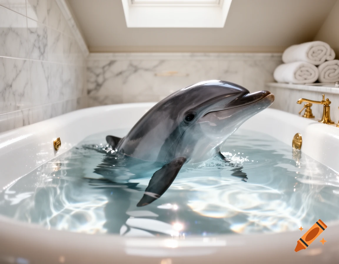 Photorealistic dolphin swimming in a luxurious white bathtub in a marble bathroom.