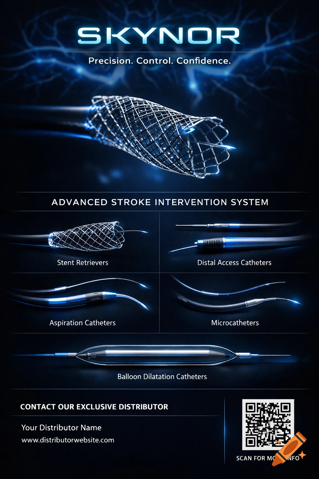 A dark blue and black conference poster for SKYNOR, an advanced stroke intervention system. It features a stent in an artery, various sleek medical devices, and text like 'Precision. Control. Confidence.' and 'SCAN FOR MORE INFO'.
