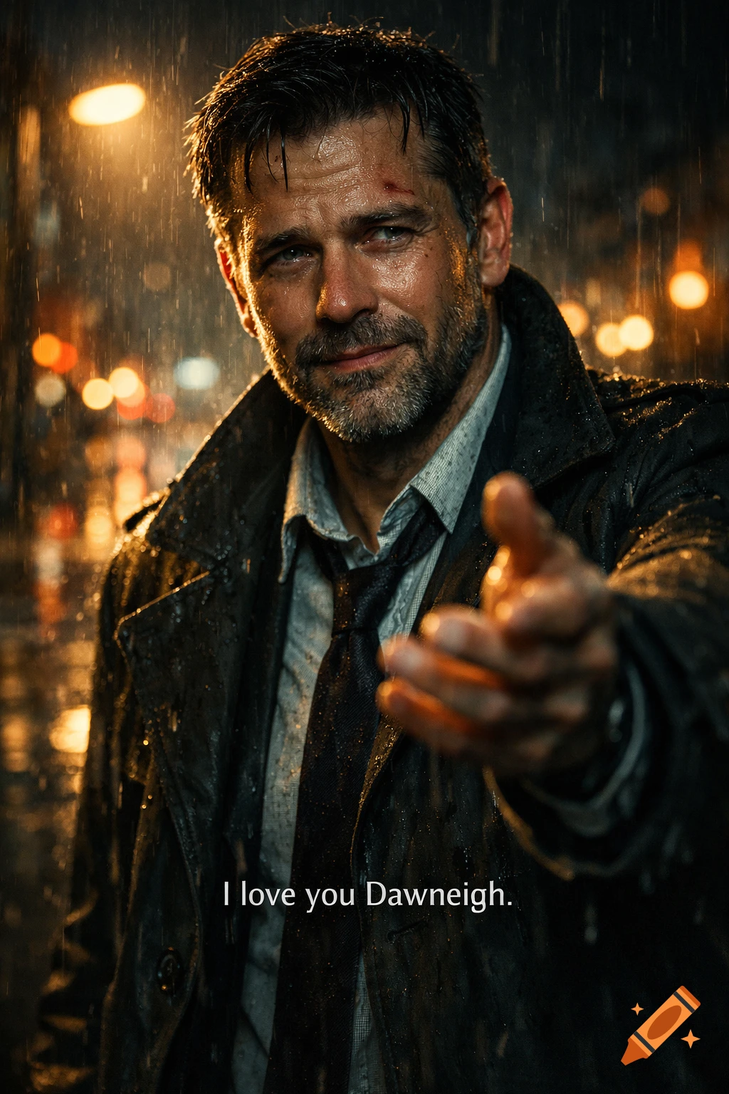 Photorealistic cinematic portrait of a gritty, wet man in a trench coat, with a beard, in a rainy city night. Text 'I love you Dawneigh.' is at the bottom.