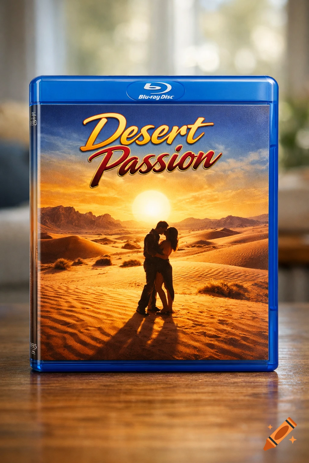 Photorealistic Blu-ray case for 'Desert Passion' movie, showing a couple embracing in a desert at sunset.