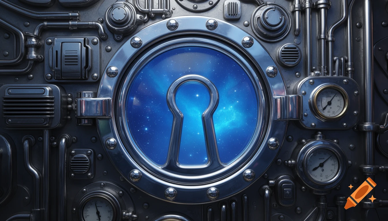 A photorealistic, shiny chrome keyhole-shaped porthole looks out onto a starry blue nebula, surrounded by intricate retrofuturistic metallic pipes, gauges, and rivets.