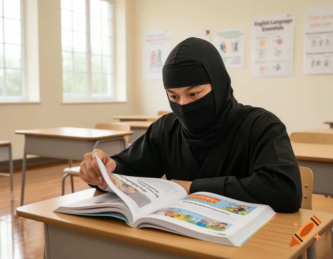 A photorealistic image of a ninja in traditional attire studying an English book at a desk in a classroom.