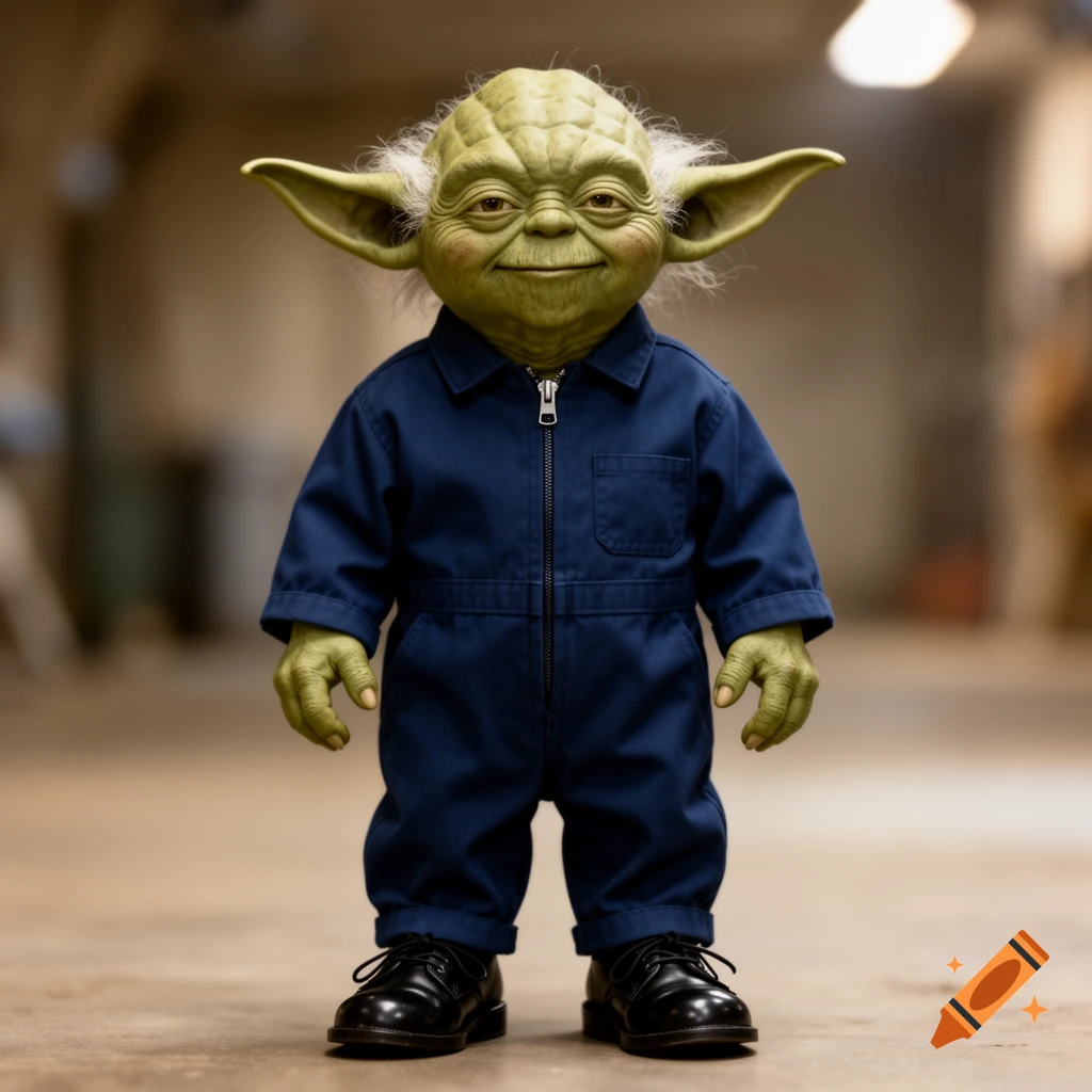 A detailed, photorealistic image of Yoda wearing dark blue coveralls and black dress shoes, smiling slightly.