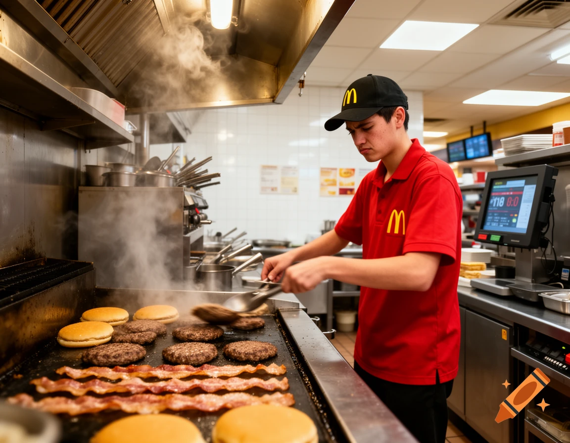 A person in a McDonald's uniform cooks burgers and bacon on a steaming grill in a busy kitchen.