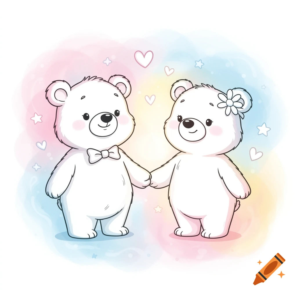 Two cute cartoon bears, one wearing a bow tie and one with a flower, holding hands against a pastel watercolor background with hearts and stars.