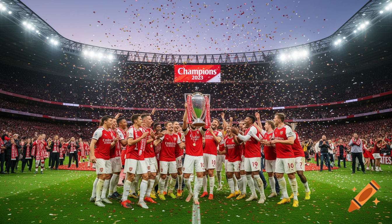 Arsenal football team celebrates winning the Premier League title, lifting the trophy on the field in a crowded stadium filled with confetti.