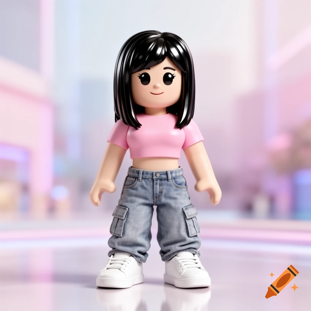 A cute Roblox character with black hair, a pink crop top, cargo jeans, and white sneakers, standing in a blurred pink and white background.