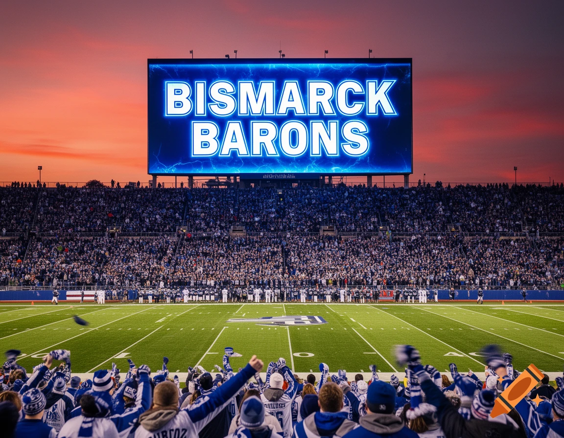 A crowded football stadium at sunset with a large scoreboard displaying "Bismarck Barons" to cheering fans.