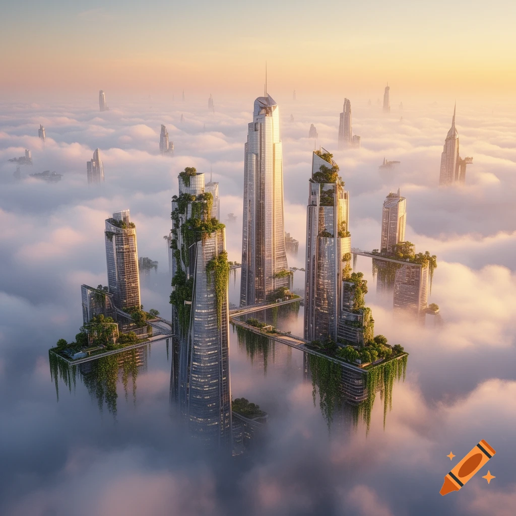 Photorealistic view of a futuristic city with green skyscrapers ...
