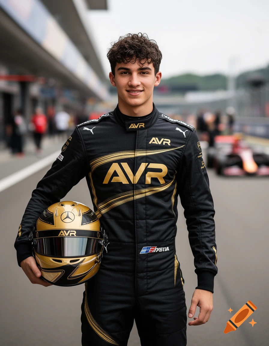 A young male F1 driver in a black and gold racing suit holds a matching helmet on a race track, smiling.