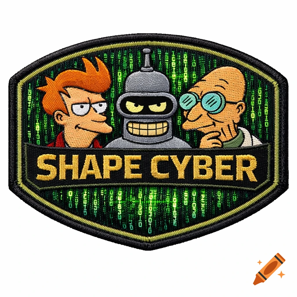A Futurama-style military patch featuring Fry, Bender, and Professor Farnsworth above 'SHAPE CYBER' text, on a Matrix digital rain background.