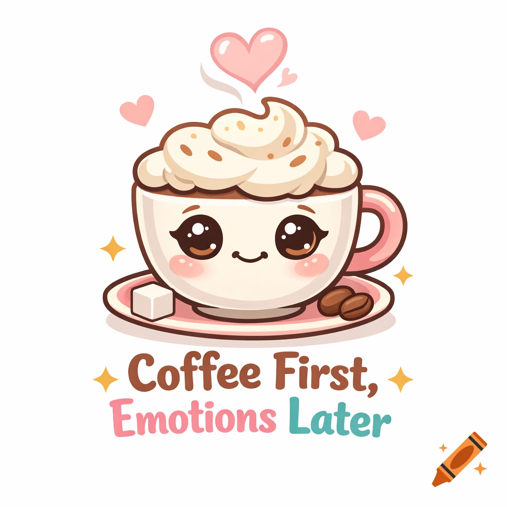 Cute kawaii coffee cup character with whipped cream, sparkling eyes, pink hearts, and text 'Coffee First, Emotions Later' on white background.