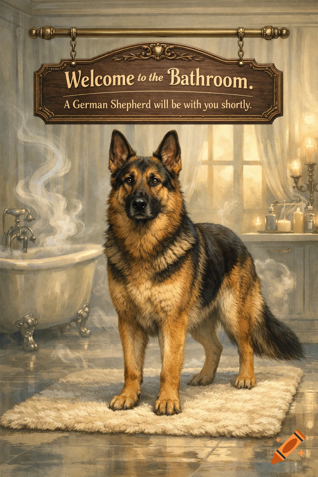 A German Shepherd stands on a rug in a steamy bathroom with a welcome sign above, painted in a realistic style.
