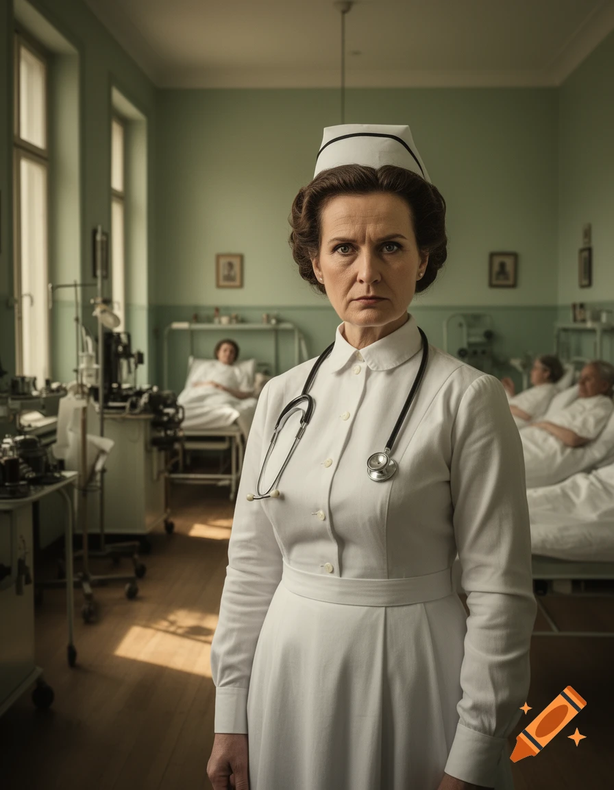A serious nurse in a white uniform and stethoscope stands in a vintage hospital ward. Photorealistic.