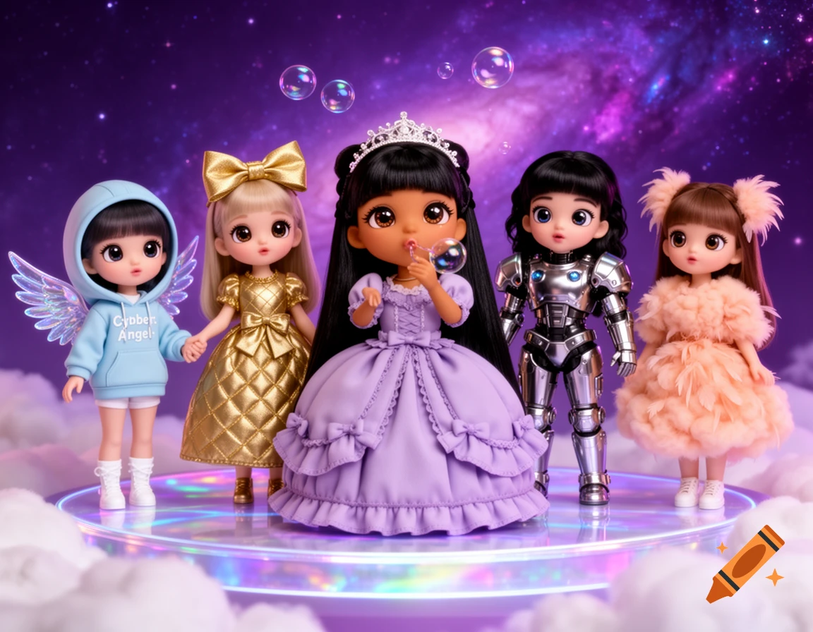 Five diverse 3D K-pop style dolls, one blowing bubbles, stand on an iridescent cloud stage with a neon purple galaxy background.
