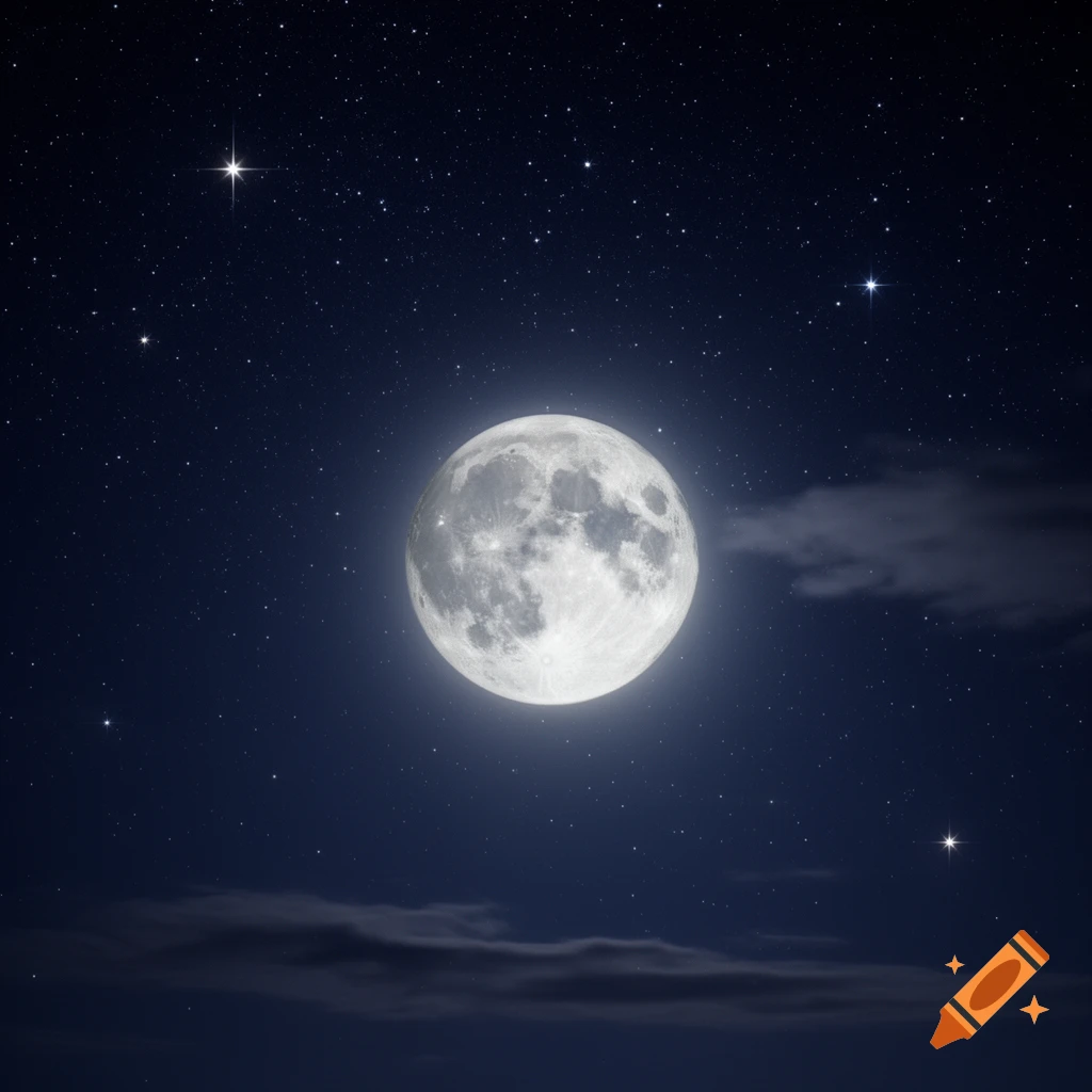 A bright full moon glows in a dark, star-filled night sky with a few wispy clouds.