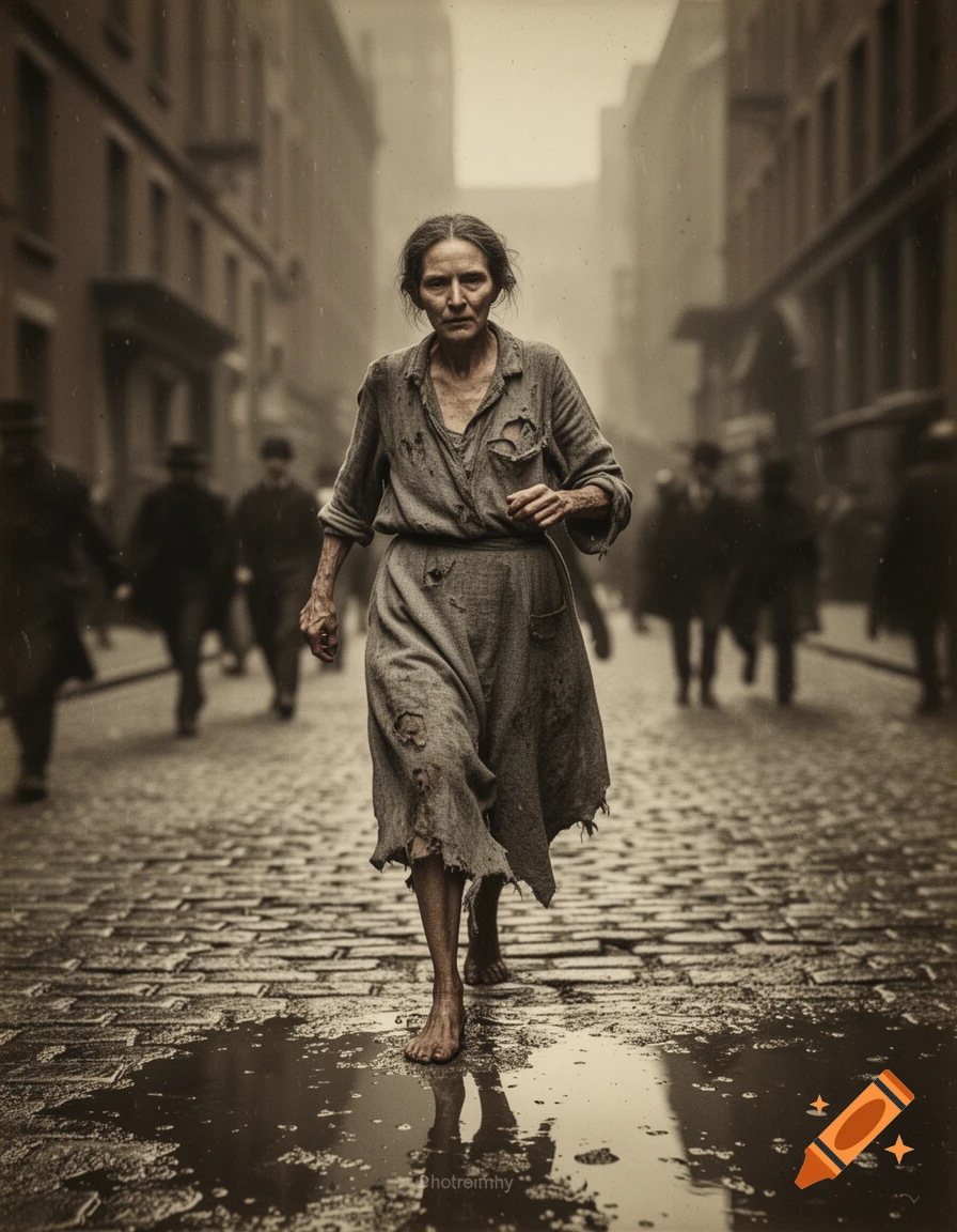 A gaunt woman in torn, dirty clothes walks barefoot on a cobblestone street filled with puddles, with blurred figures in the background, in a somber photorealistic style.