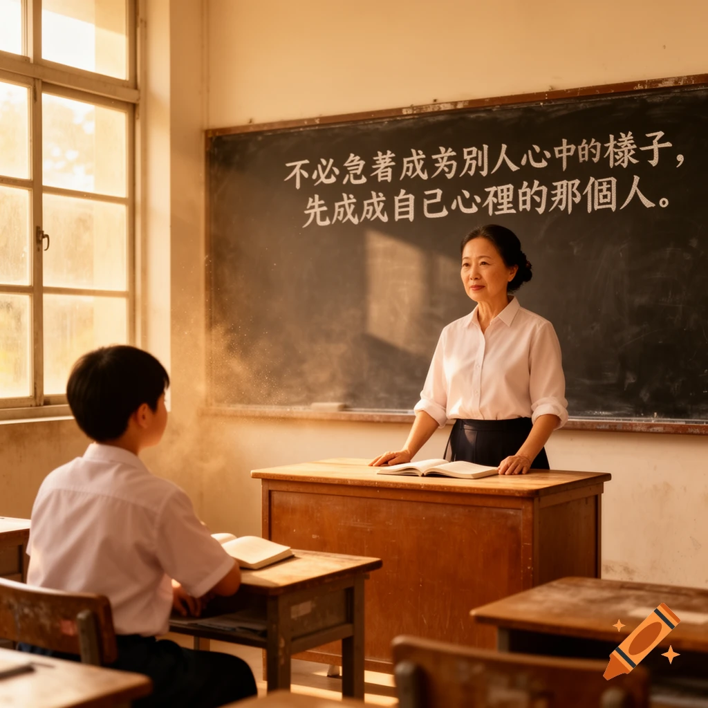 A female teacher stands at a desk in a sunlit classroom, facing a male student. Chinese text is written on the blackboard behind her. Photorealistic.