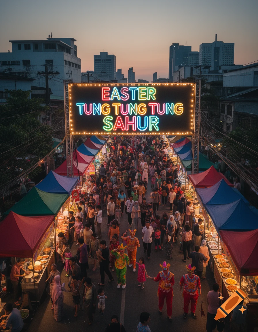 Aerial view of a bustling night market in a city, with colorful food stalls, a large crowd, performers in costumes, and a neon sign reading 'EASTER TUNG TUNG TUNG SAHUR'.