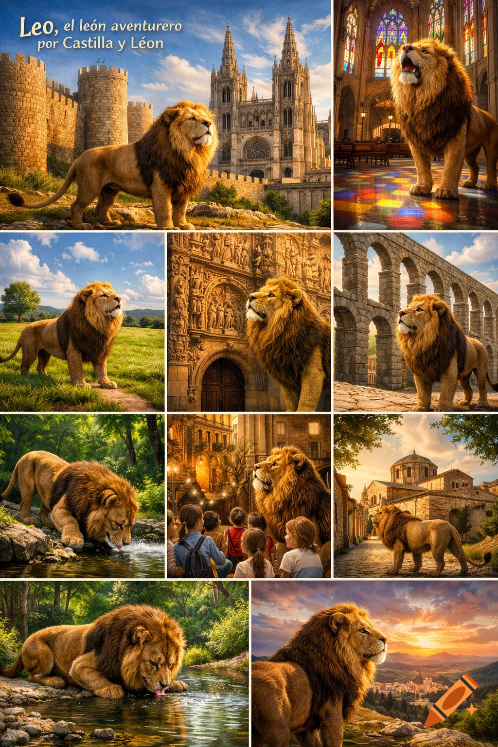 A nine-panel collage featuring a photorealistic lion exploring diverse Spanish landscapes and landmarks, with a title.