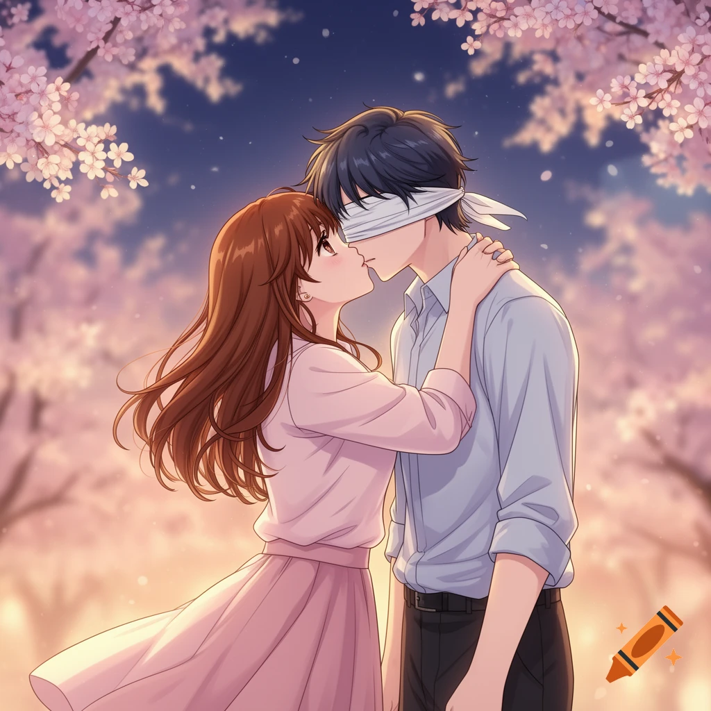 An anime girl with brown hair leans in to kiss a blindfolded boy under blooming cherry blossoms, in a romantic style.