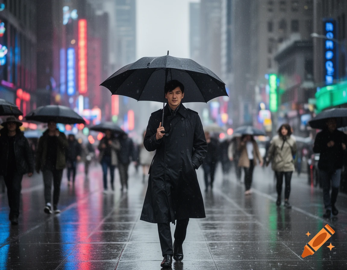A man walks down a rainy city street holding a black umbrella, with blurred neon lights reflecting on the wet pavement.