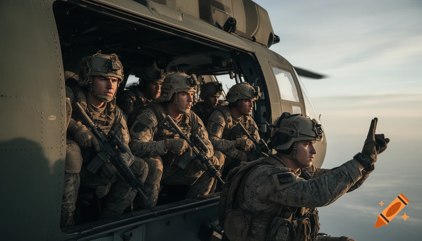Photorealistic image of soldiers with rifles in a flying military helicopter, one pointing outward.