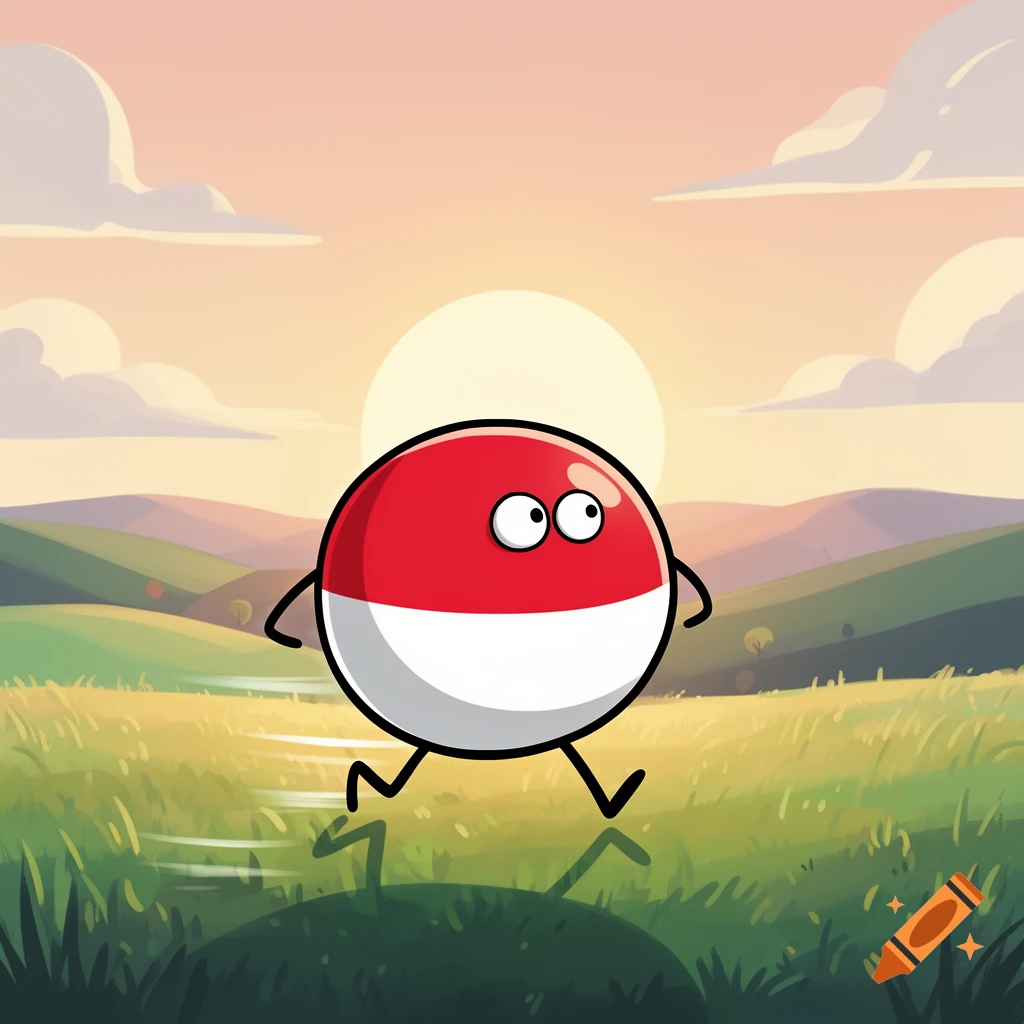A cartoon red and white countryball character with eyes and stick limbs running through a grassy field at sunset.