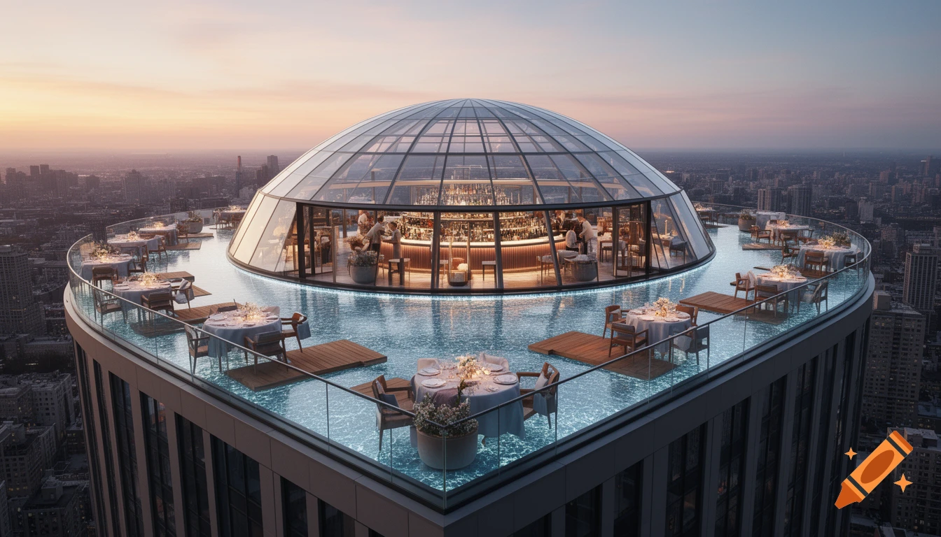 Photorealistic image of a luxurious rooftop bar with a glass dome and outdoor dining tables floating on an infinity pool, overlooking a city skyline at sunset.