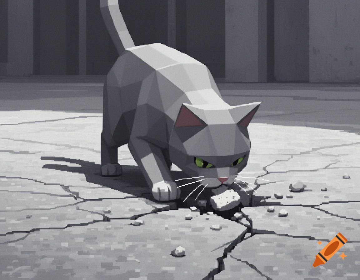 A low-poly gray cat with green eyes crouches on cracked ground, eating a piece of broken concrete in a PS1-style rendering.