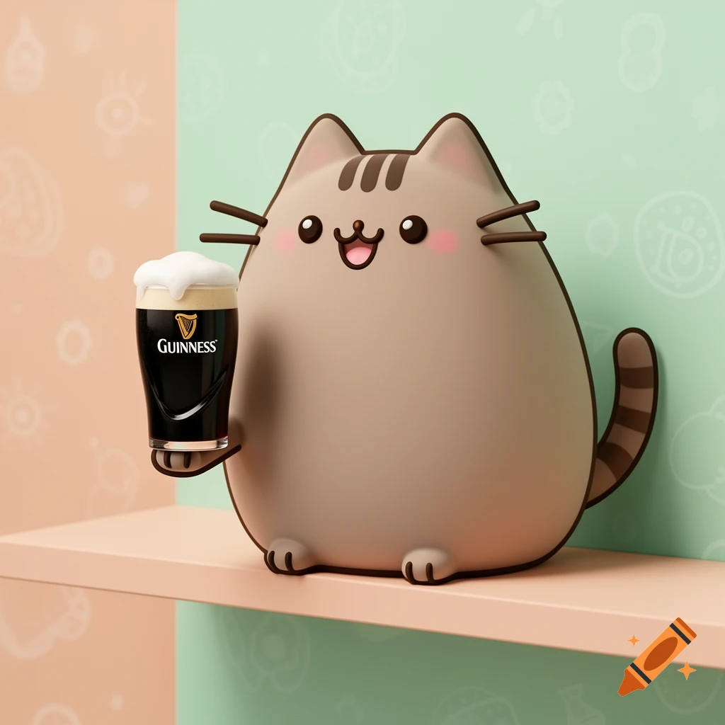 A cute 3D cartoon Pusheen cat holds a small glass of Guinness beer on a shelf with a split-color background.