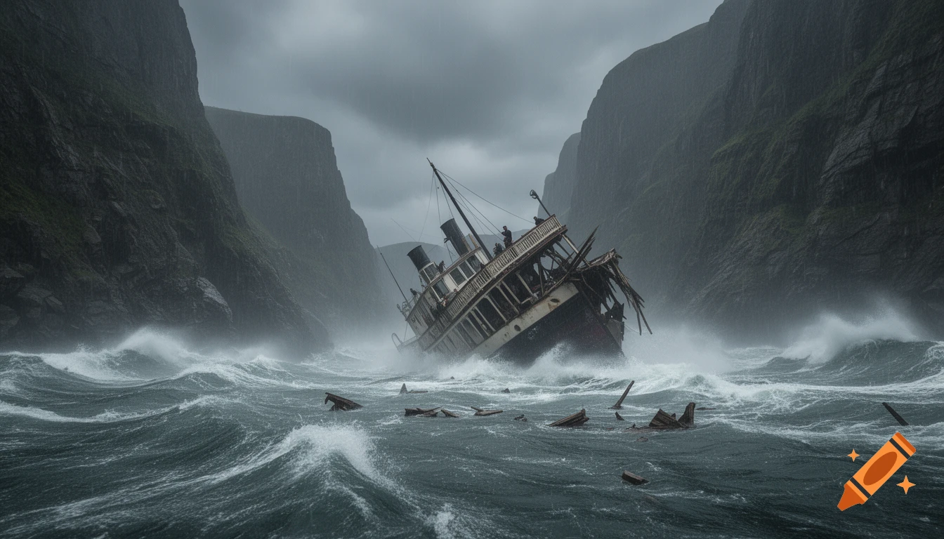 A dilapidated 19th-century steamboat caught in a violent storm, surrounded by towering cliffs and crashing waves, photorealistic.