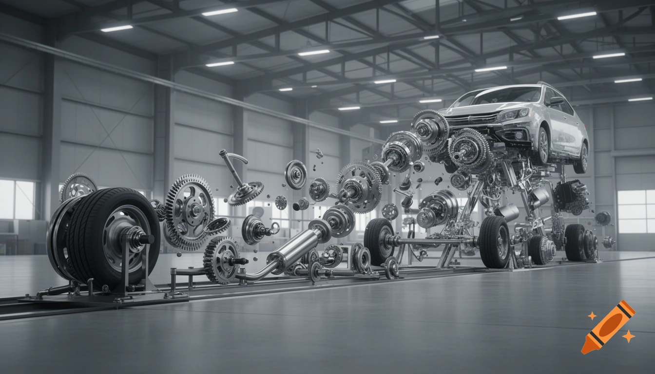 Detailed image of a car in a factory, its parts exploding outwards into a complex array of gears and mechanical components.