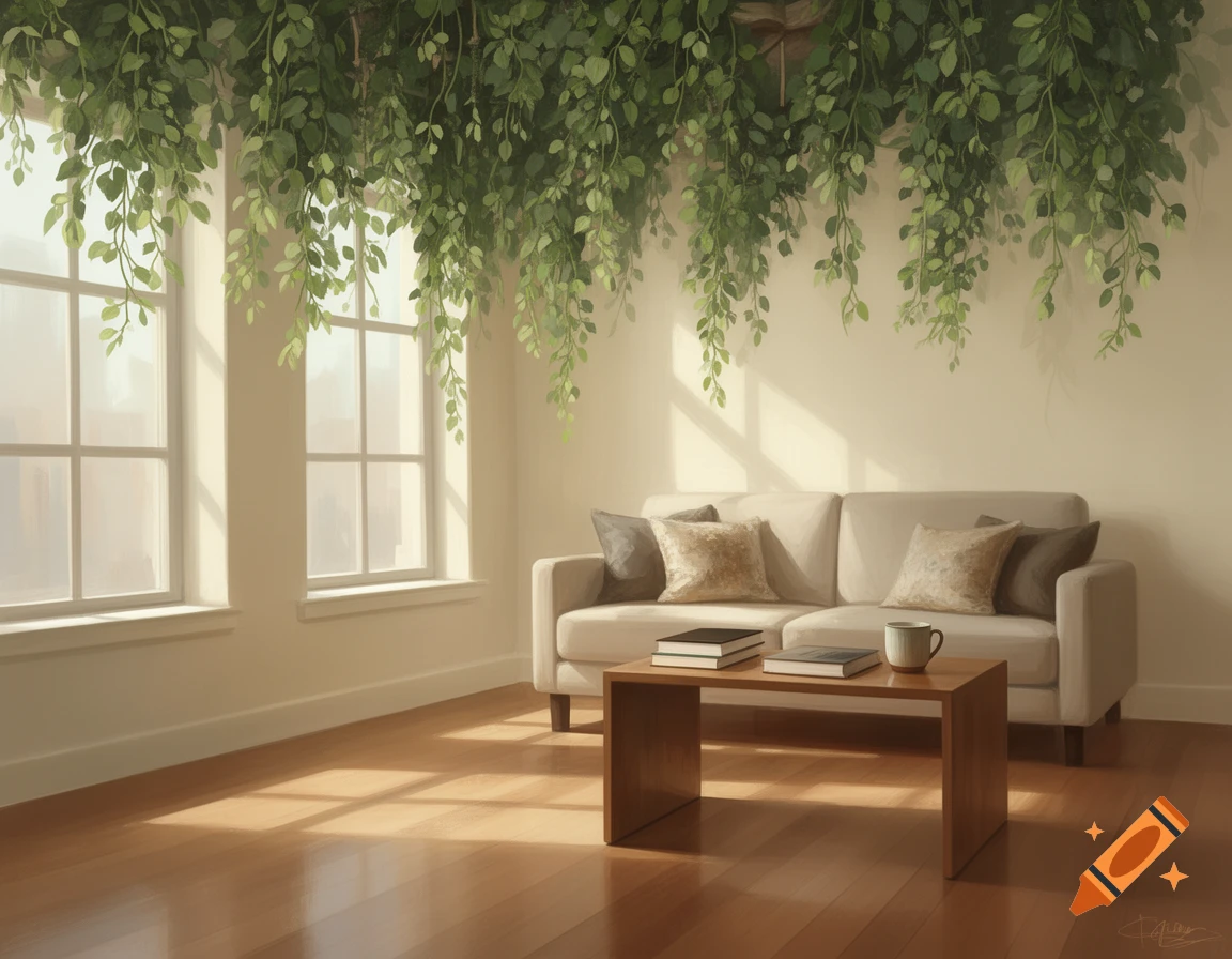 A bright, minimalist room with a light couch, wooden coffee table, and sunlight through windows. Green plants hang from the ceiling.