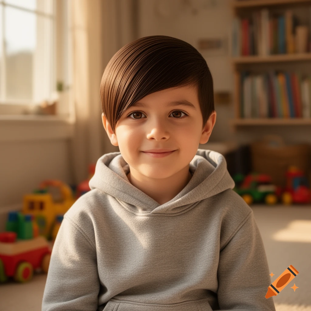 A smiling young boy with flat dark hair and a gray hoodie sits indoors, with blurred toys and a bookshelf in the background.