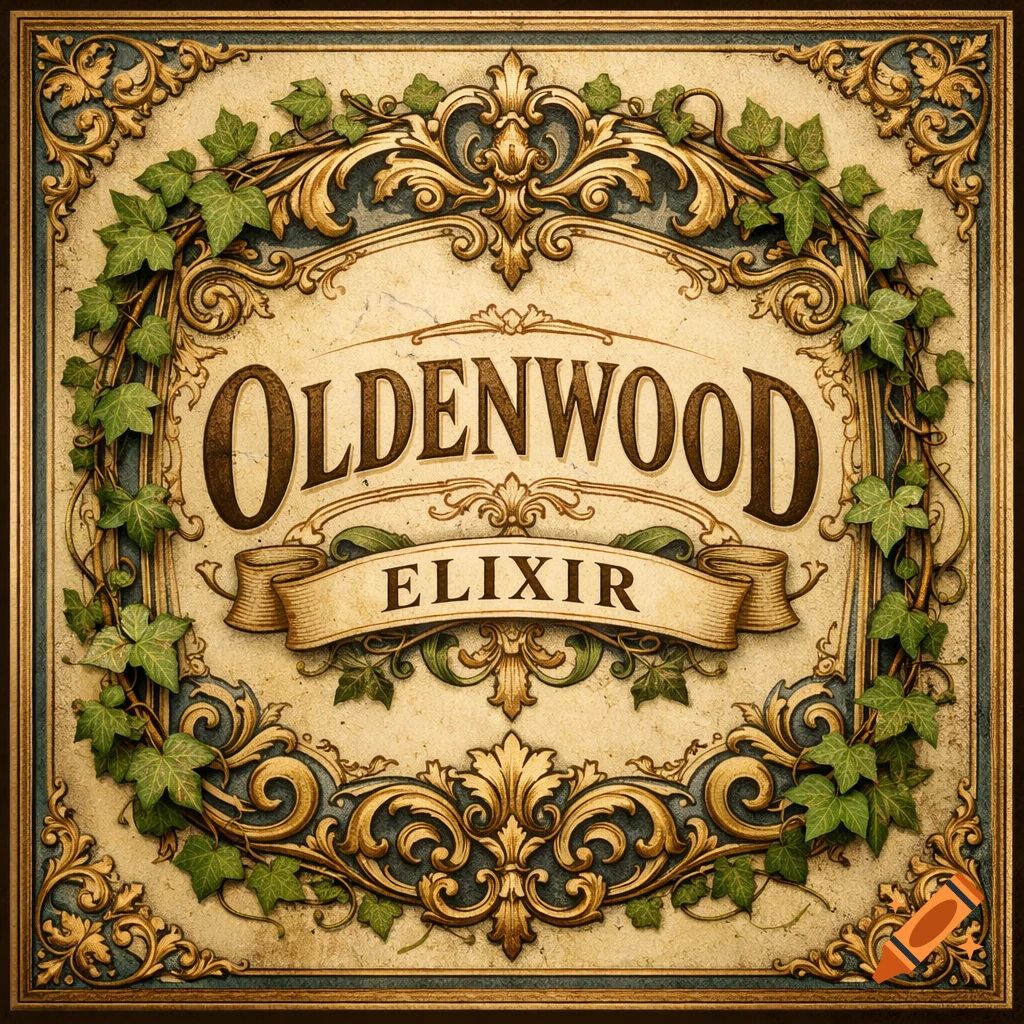 A square vintage label with ornate gold and blue scrolling borders, brown text reading 'OLDENWOOD ELIXIR', and green ivy leaves.