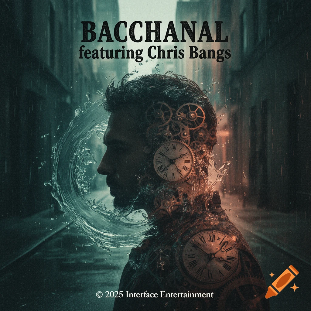 An album cover featuring a man's profile dissolving into gears and water, set against a rainy alleyway with a gritty, moody aesthetic.
