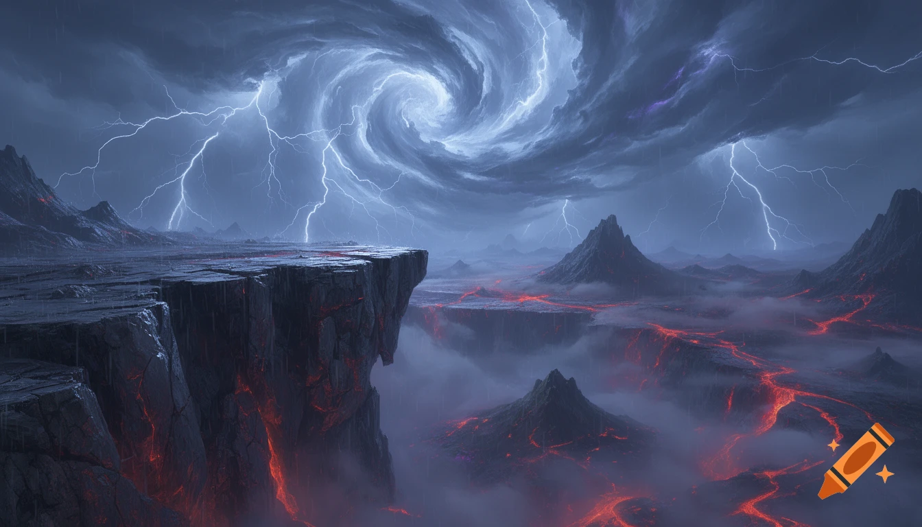 A dramatic fantasy landscape with a swirling stormy sky, lightning, jagged cliffs, and glowing lava flowing through a misty chasm.